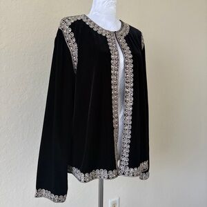 Victor Costa Black Velvet Rhinestone Trim Cardigan Jacket Elegant Glam Vintage